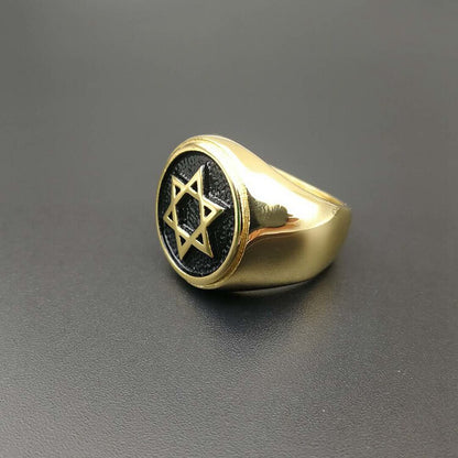 Gold Plated Titanium Steel Hexagram of David Ring for Men