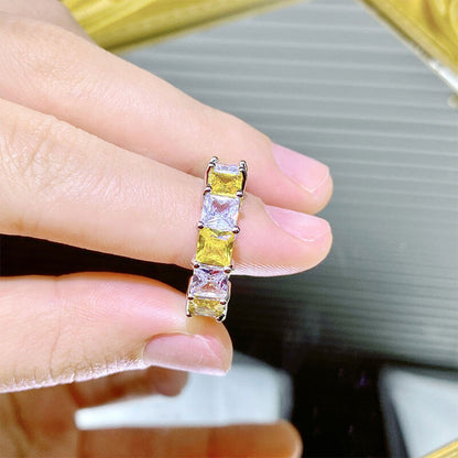 Luxurious Princess Solitaire Row Ring Yellow Gemstone Brilliant Super Flash Zircon Color Gemstone Ring