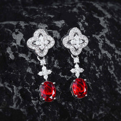 Micro-studded Diamond Flower Star Imitation Ruby Earrings High Carbon Diamond Imitation Red Corundum Pigeon Blood Red Diamond Earrings Long Earrings