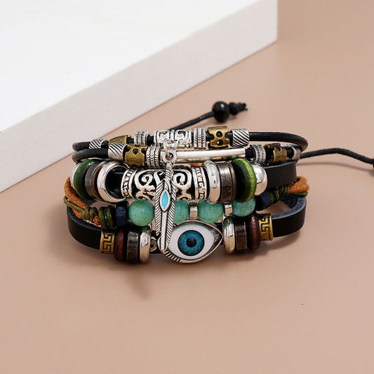 Multilayer Beaded Adjustable Bracelet In Blue Eyes Leather