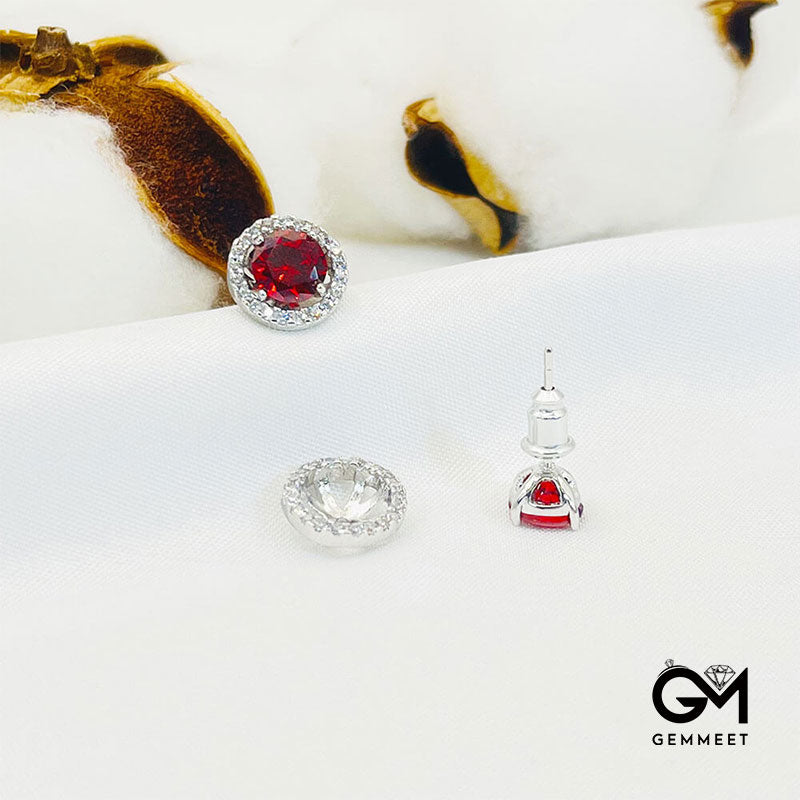 Ruby Gem Full Stones Circle White Gold Stud Earrings