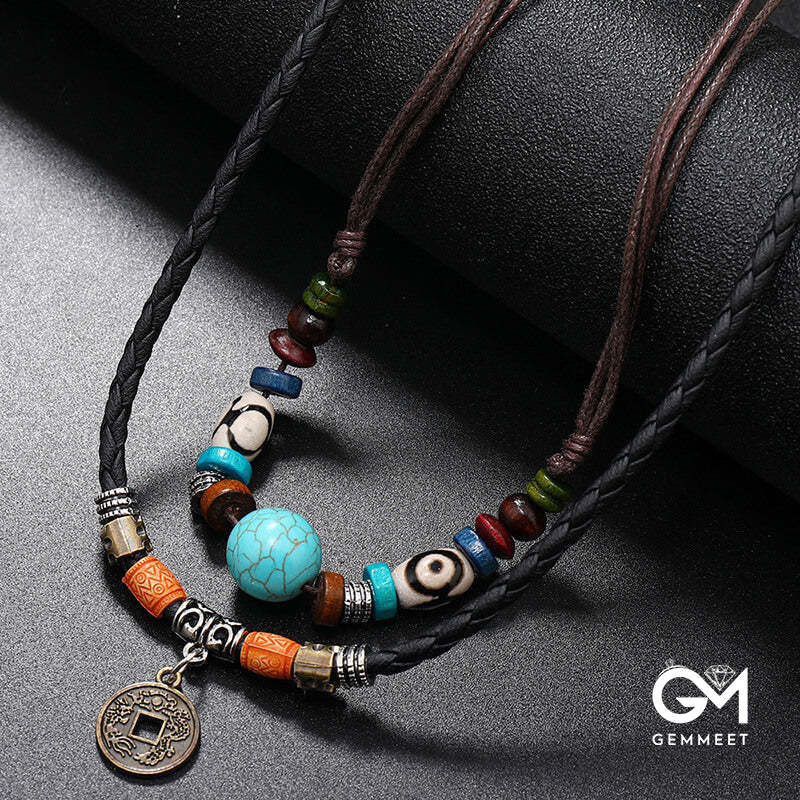 Men's Necklace with Beaded Braided Leather Bronze Coin Pendant