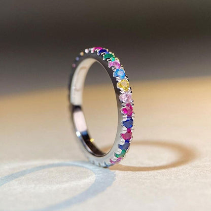 White Gold Prong Common Rainbow Stones Band Ring