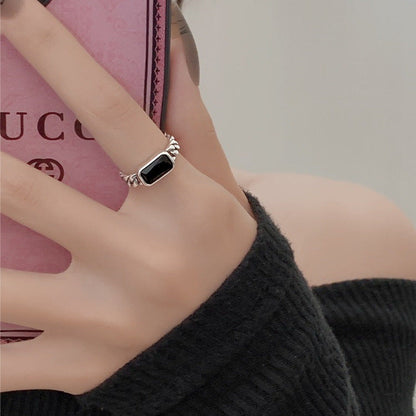 S925 Silver Black Onyx Geometric Square Design Ring