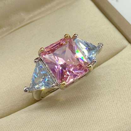 Super Flash Princess Square Ring Pink Zircon Hearts and Arrows Simulation Moissanite Diamond Ring for Women