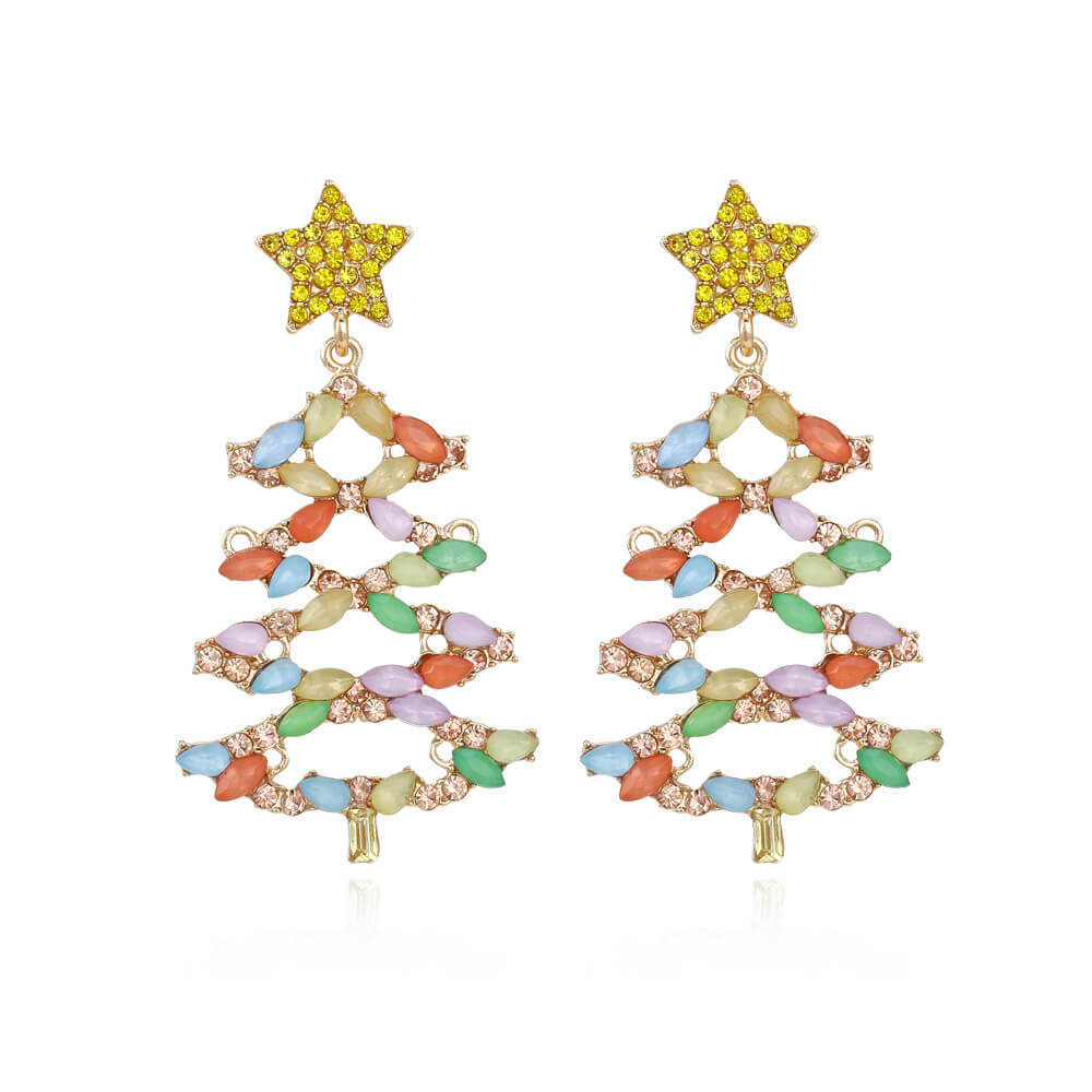 Christmas Earrings Creative Hollow Alloy Inlaid Zircon Star Christmas Tree Earrings Exaggerated Design