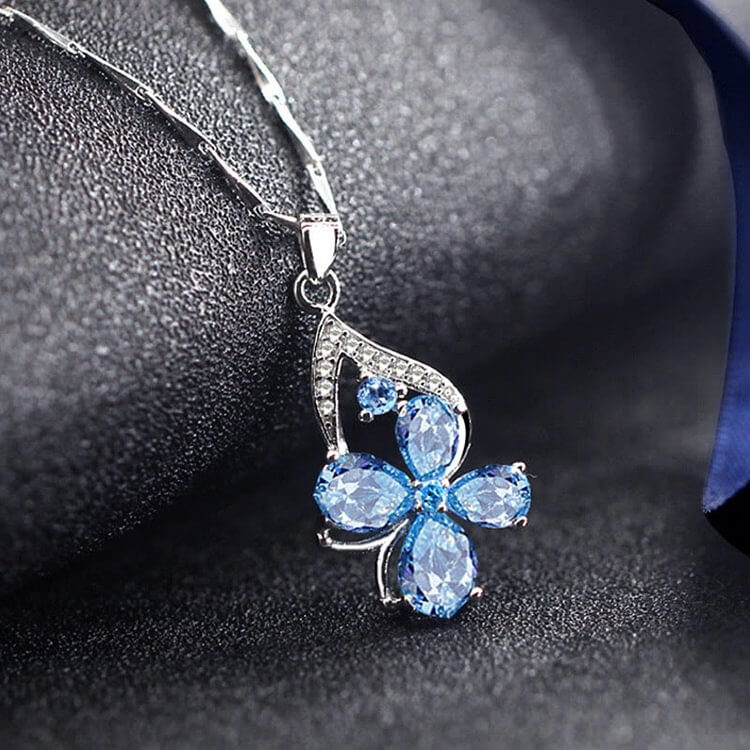 Blue Topaz Drop Clover Lucky Necklace