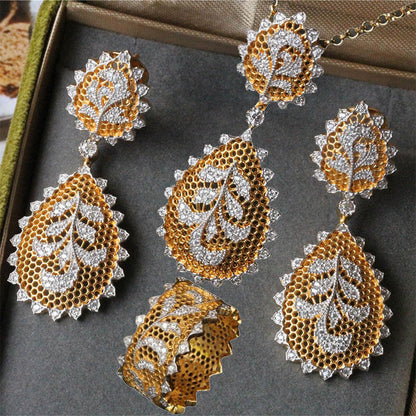 Textured Carved Gold Craft Iris Flower Set Palace Honeycomb Lace Earrings Necklace Ring