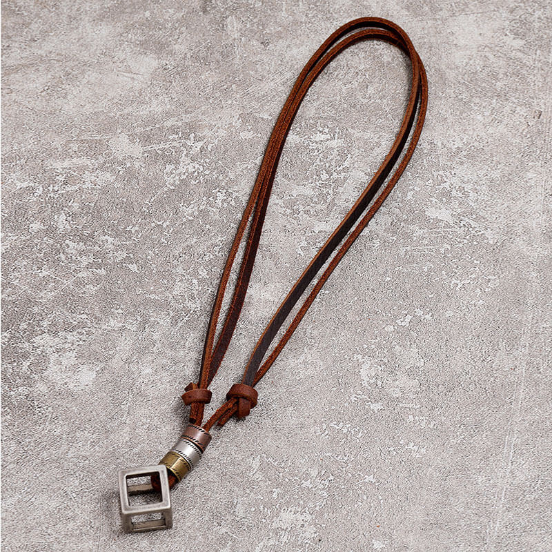 Vintage Hollow Square Frame Leather Adjustable Necklace