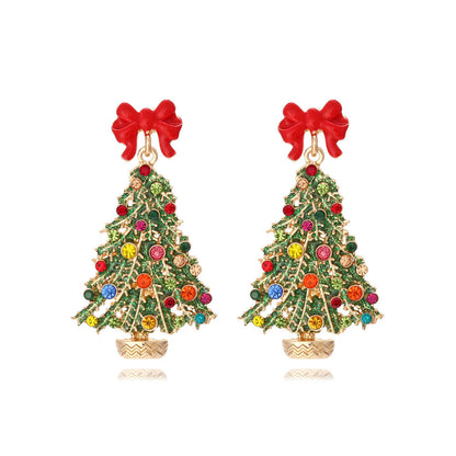 Christmas Earrings Alloy Drip Oil Bow Knot Christmas Tree Inlaid Color Zircon Earrings