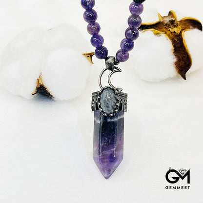 Amethyst Hexagon Prism Pendant Mala Necklace