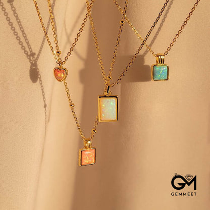 Colorful Opal Love Square Pendant 18k Gold Necklace