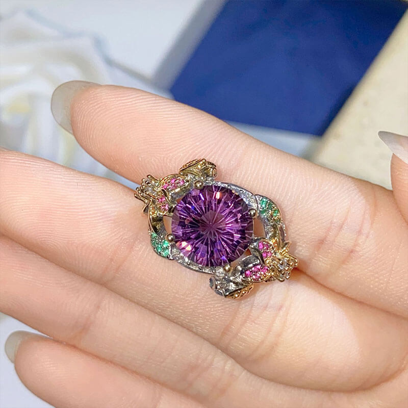 Colorful Flower Opening Colored Treasure Ring Two-color Gold Craft Hand-inlaid Firework Cut Purple Diamond Ring