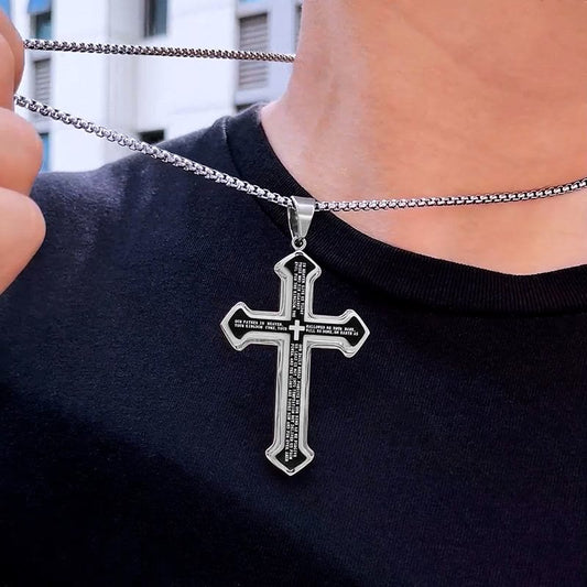 Layered Bible Cross Titanium Steel Pendant Necklace