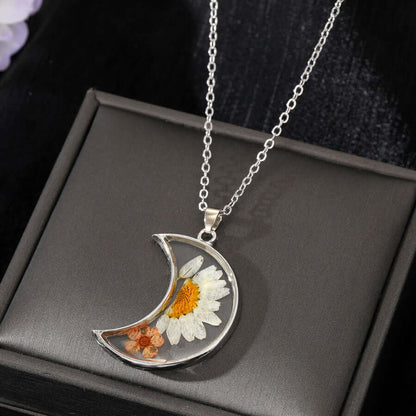 Crescent Moon Daisy Dried Flower Resin Necklace