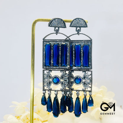 Hollow Rectangular Blue Stone Tassel Drop Earrings