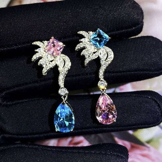 Temperament AB Style Earrings Luxury Bright Drop-shaped Pink Diamond Imitation Aquamarine Long Earrings