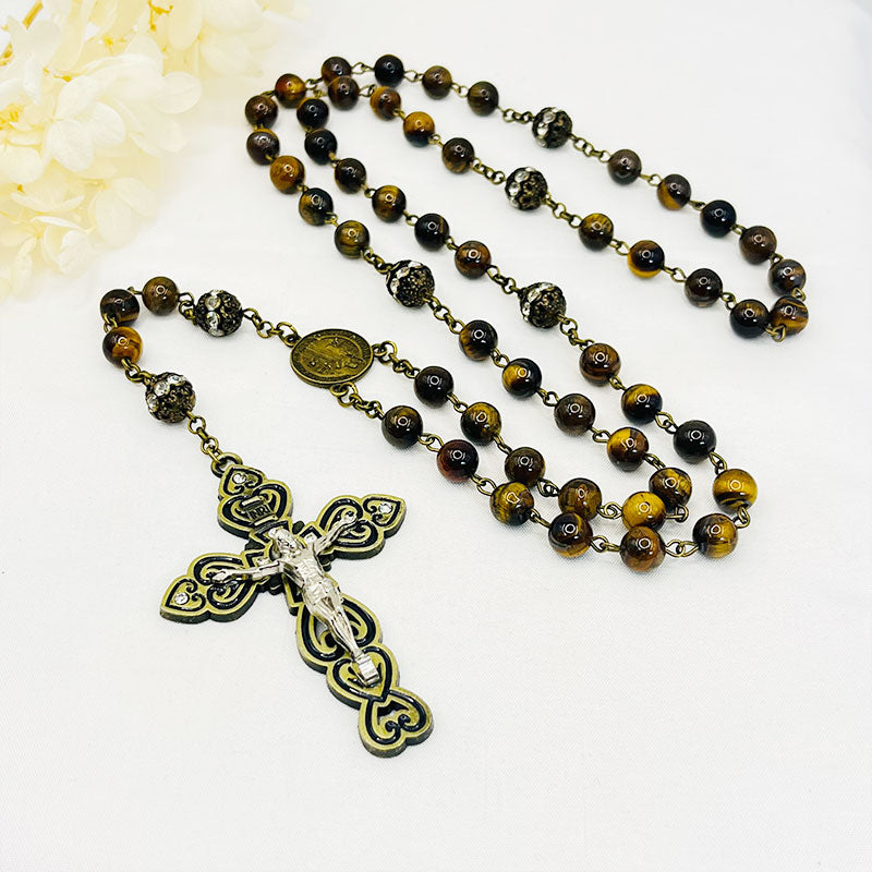 Tiger Eye Cross Pendant Rosary Necklace