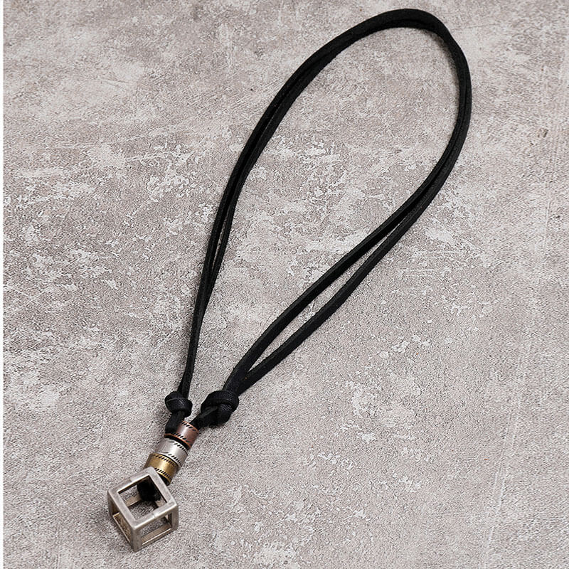 Vintage Hollow Square Frame Leather Adjustable Necklace