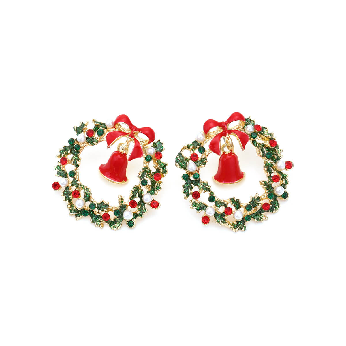 Christmas Earrings Colorful Garland Inlaid Imitation Pearl Zircon Bow Knot Bell Earrings