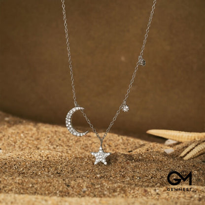 S925 Sterling Silver White Round Zircon Inlaid Star Moon Necklace