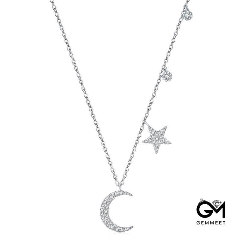 S925 Sterling Silver White Round Zircon Inlaid Star Moon Necklace