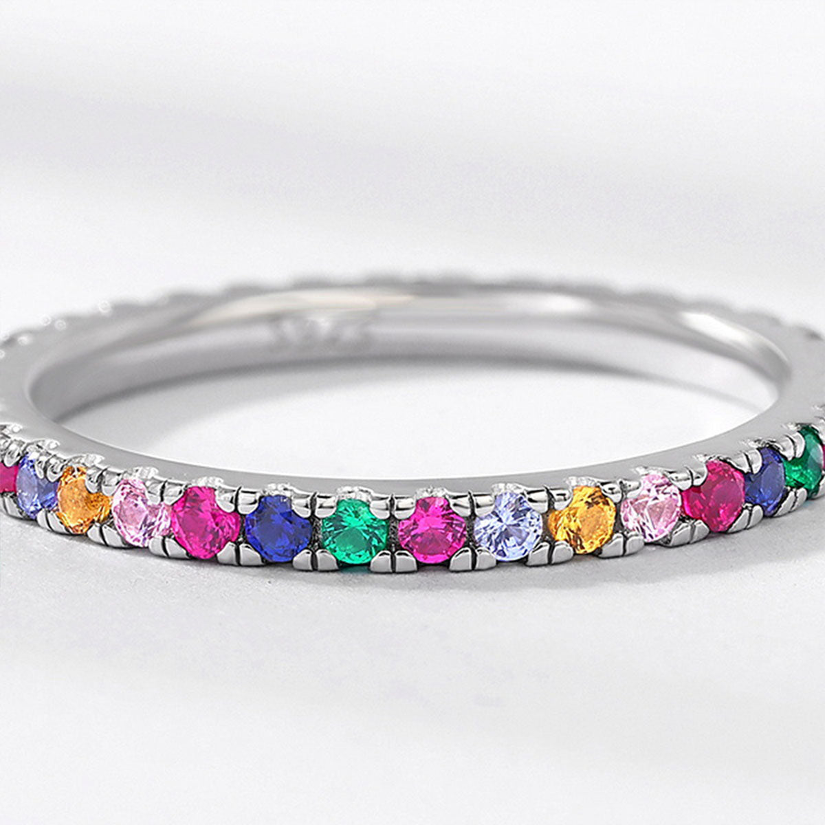 White Gold Prong Common Rainbow Stones Band Ring