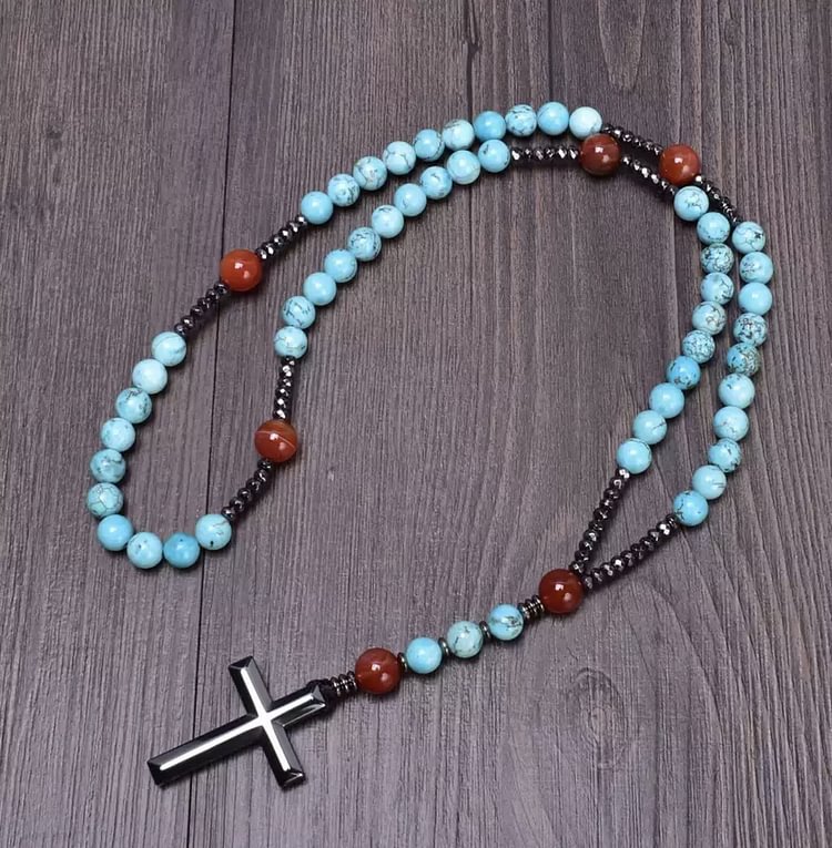 Cross Catholic Natural Stone Rosary Pendant Necklace