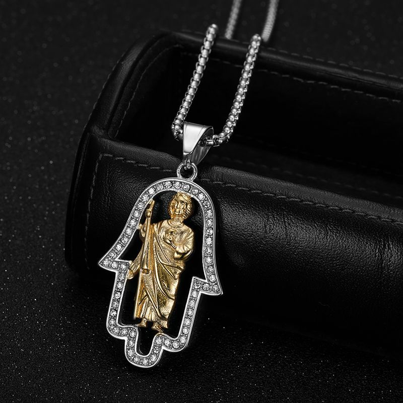 Hiphop Gold-plated Money Inlaid Zircon St. Jude Hand of Fatima Pendant