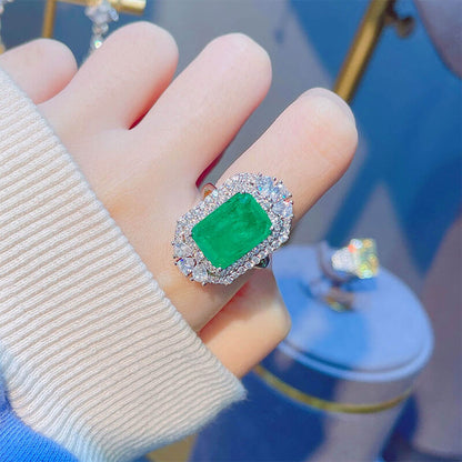 Luxurious Full-diamond Paraiba Color Treasure Open Ring Imitation Natural Cotton Emerald Ring