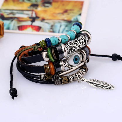 Beaded Multilayer Blue Eye Leather Ethnic Feather Bracelet