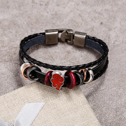 Braided Punk Fiery Red Cloud Cowhide Personalized Anime Leather Bracelet