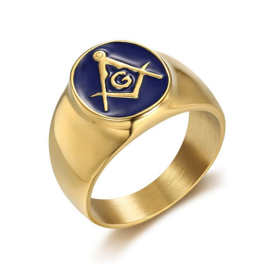 HIPHOP Jewelry Titanium Steel Gold Plated Blue Glue Masonic AG Men's Ring