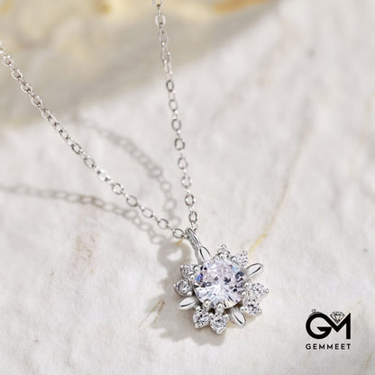 S925 Sterling Silver Sunflower Round Zircon Necklace