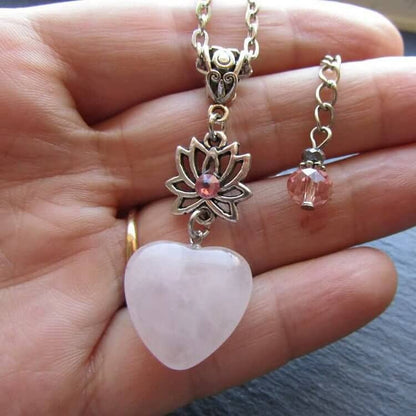 Love" Rose Quartz Heart Shape Lotus Necklace