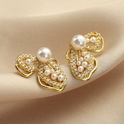 Cute Hollow Butterfly Pearl & Full Stones Stud Earrings