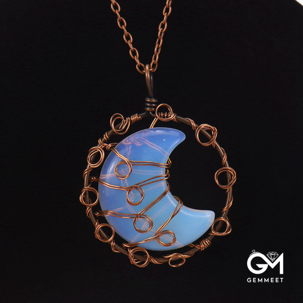 Copper Wire Crystal Moon Necklace