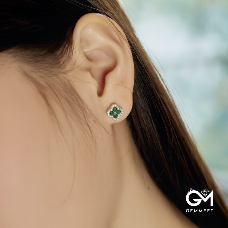 S925 Sterling Silver Leaf Flower Green Zircon Earrings