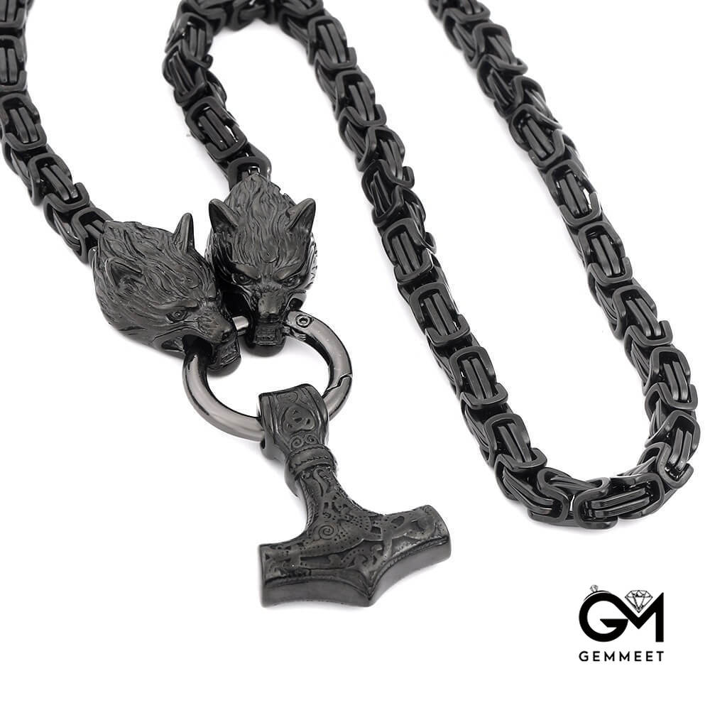 Stainless Steel Black Wolf Head Thor Hammer Necklace