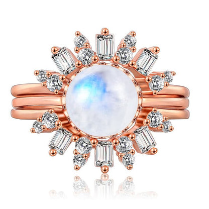 White Zircon Moonstone Sunflower Design Layered Ring