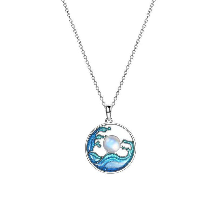 Moon on the Sea Moonstone Enamel Pendant Necklace