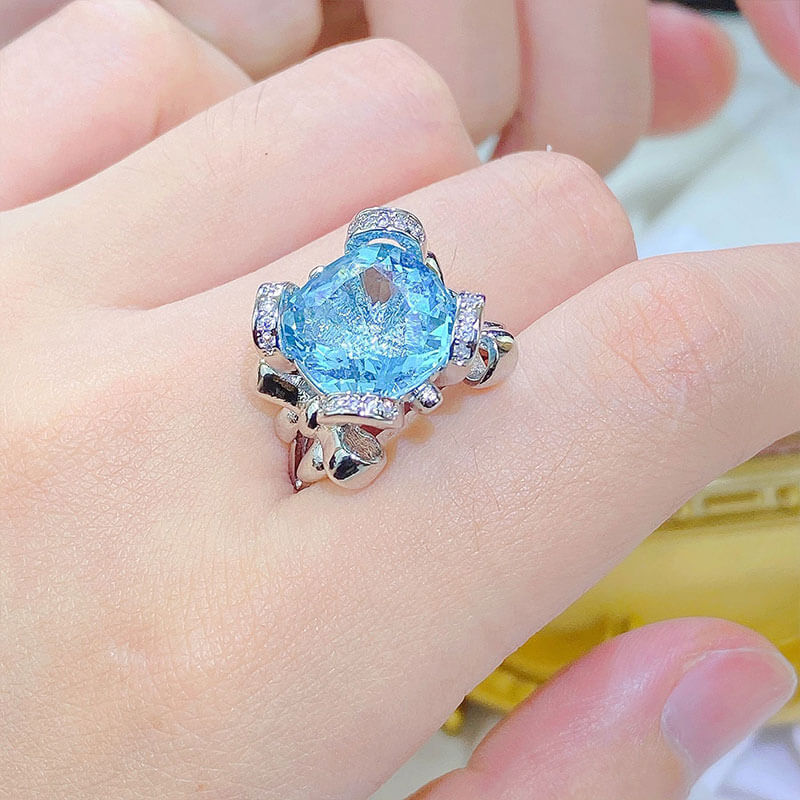 Light Luxury Topaz Blue Ring Large Carat Imitation Emerald Amethyst Yellow Diamond Colorful Treasure Bow Open Ring