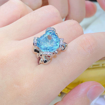 Light Luxury Topaz Blue Ring Large Carat Imitation Emerald Amethyst Yellow Diamond Colorful Treasure Bow Open Ring