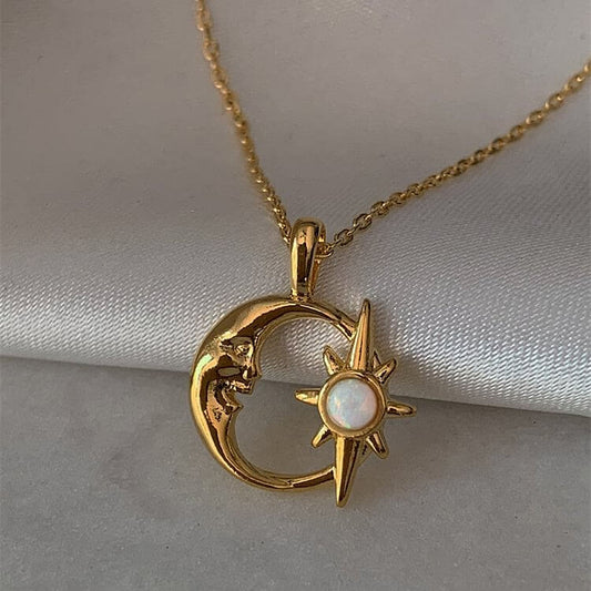 Natural Opal Hollow Star Moon Clavicle Necklace