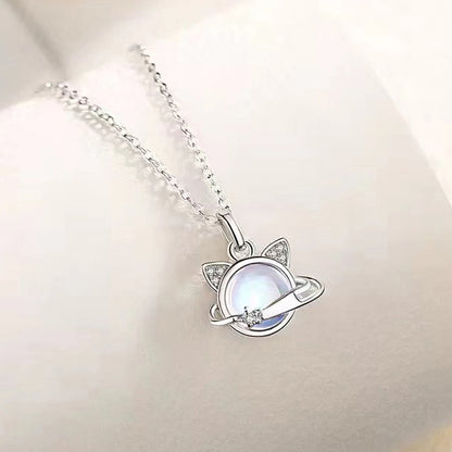 Planet Cat Moonstone Pendant Necklace