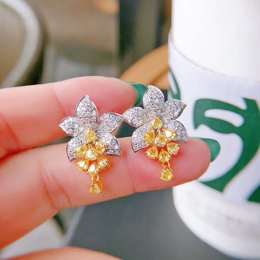 Luxury Micro Pave Asscher Yellow Diamond Flower Stud Earrings