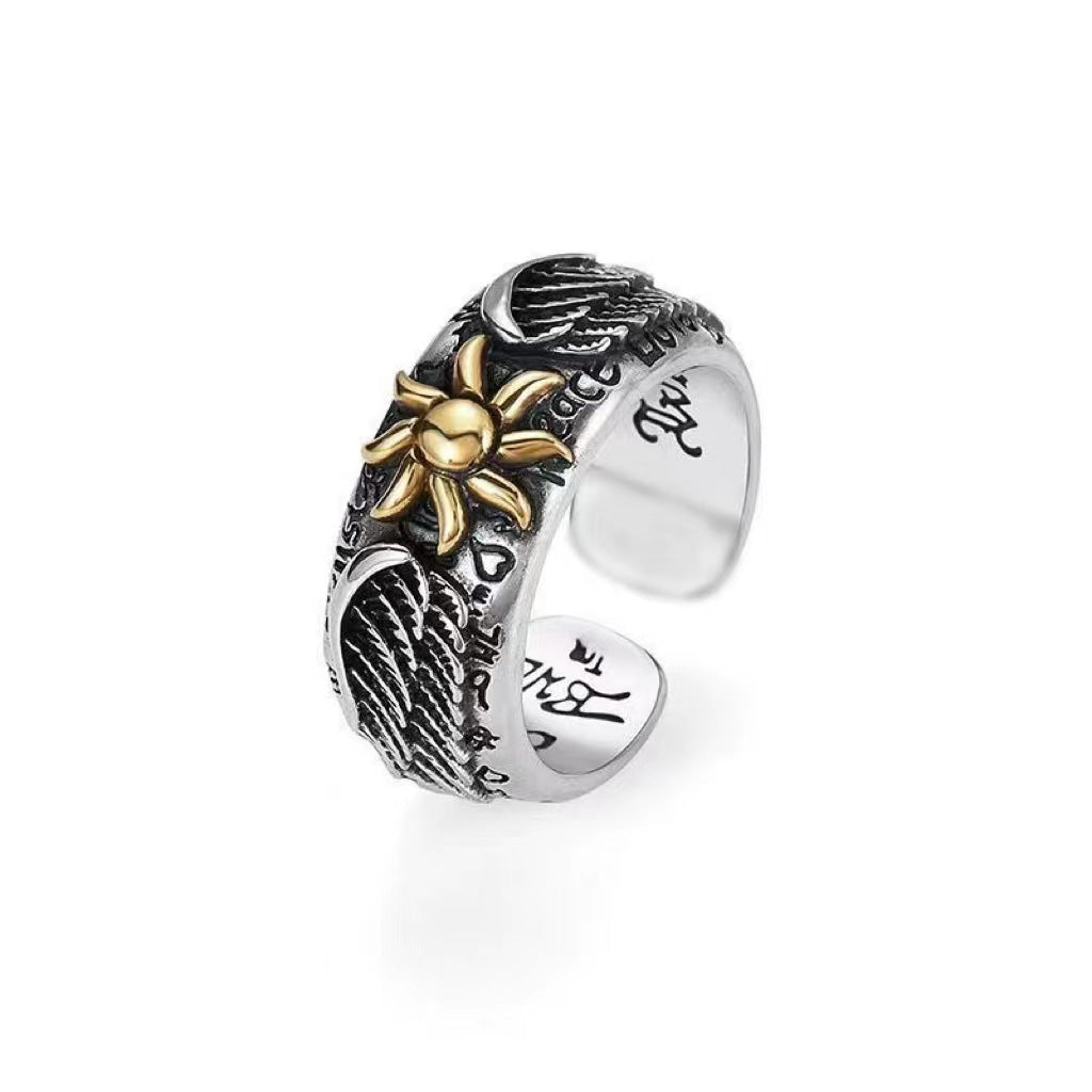 Vintage Men's Graffiti Alphabet Sunflower Wings Ring