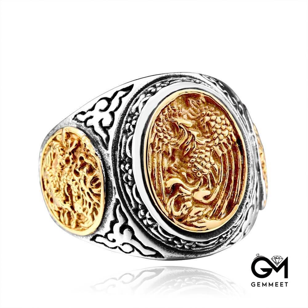 Alloy Engraved Dragon and Phoenix Ring