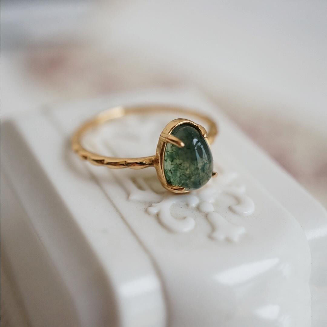 Marine Faxul Natural Seaweed Green Stone Drop Ring