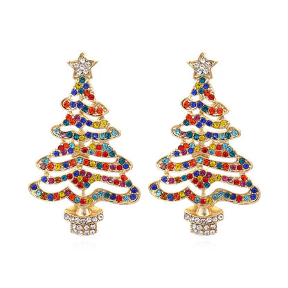 Christmas New Exaggerated Hollow Full Inlaid Zircon Christmas Tree Earrings Exaggerated Creative Flower Stud Earrings